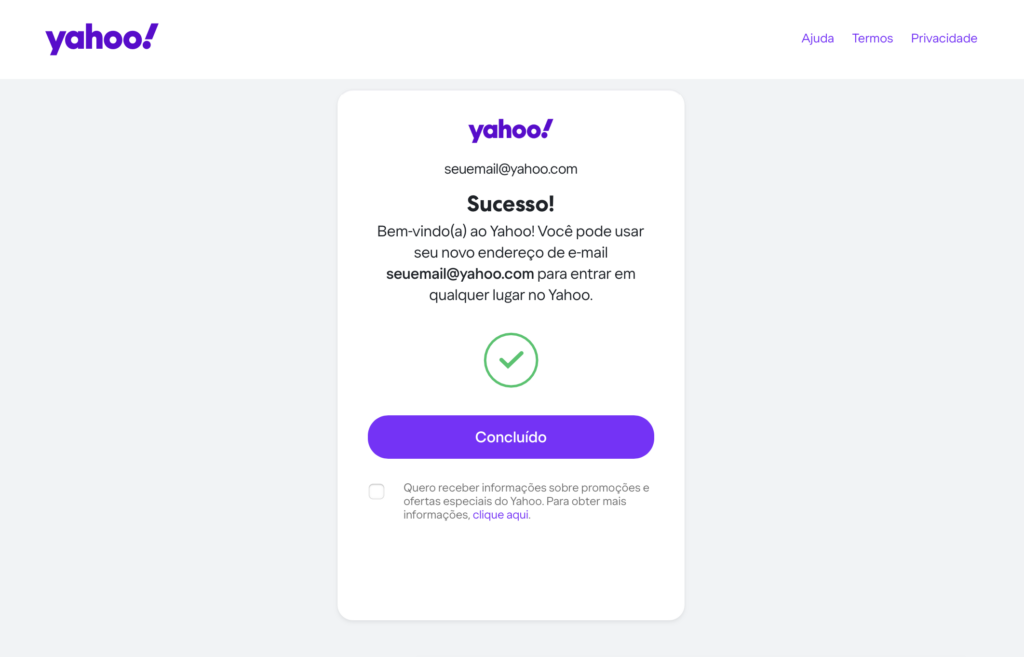 conta de email yahoo criada com sucesso