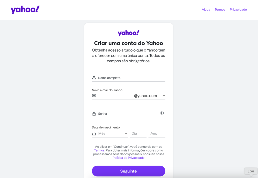 tela de dados pessoais no email do yahoo