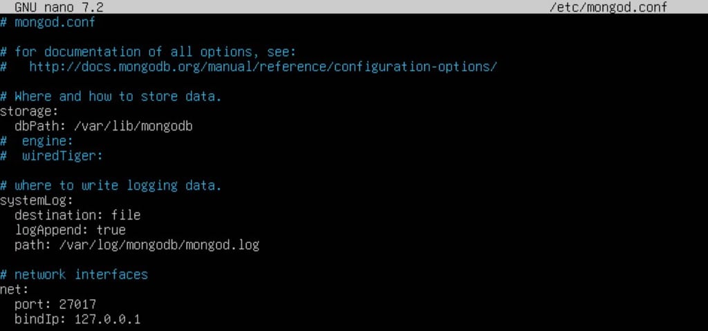 conteúdo do arquivo mongodb.conf no editor nano