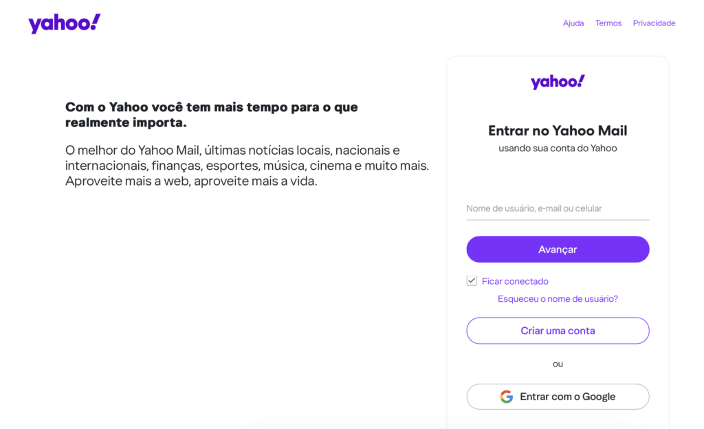 página de login do yahoo mail