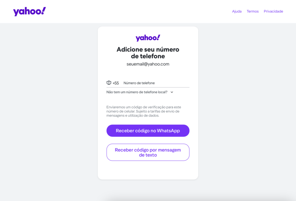 cadastrando número de telefone no yahoo mail