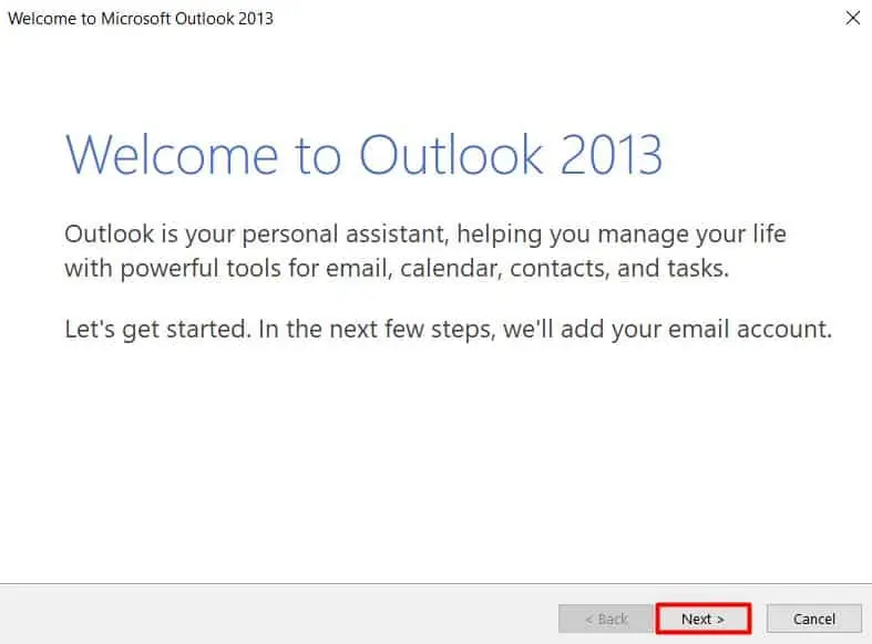 Tela de boas vindas do Outlook 2013