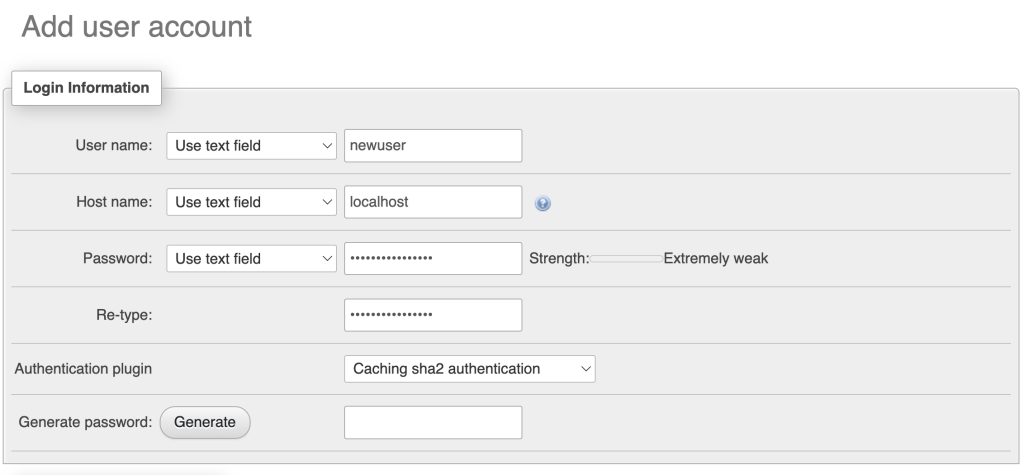 adicionando conta de usuário no phpmyadmin