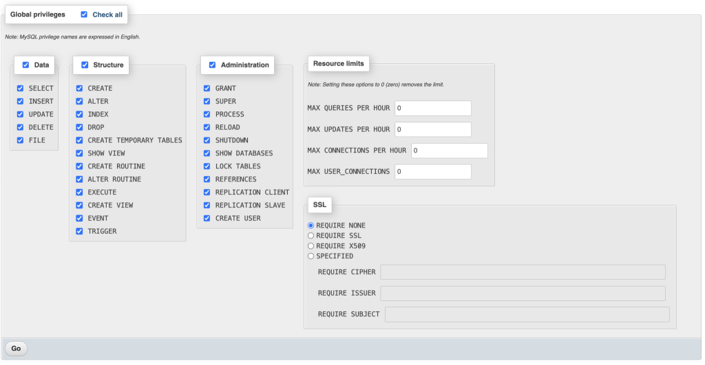 selecionando privilégios de usuário no phpmyadmin