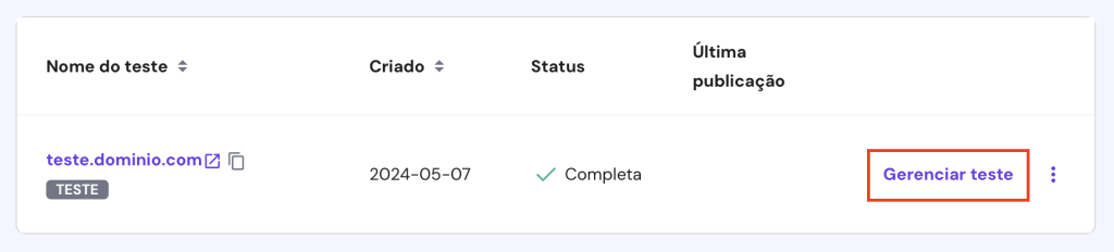 opção gerenciar teste no hpanel