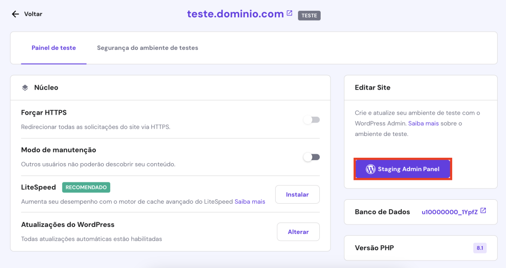 botão staging admin panel no recurso de testes do hpanel