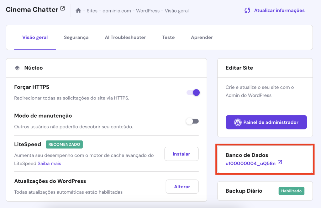 conferindo banco de dados de site wordpress no hpanel