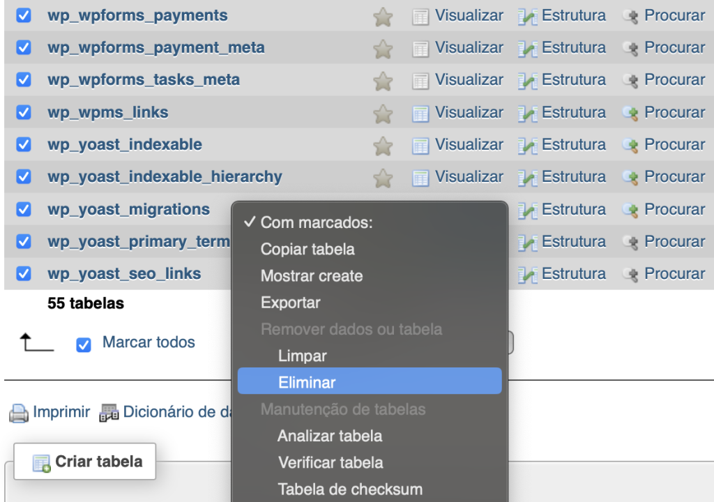 opção eliminar no phpmyadmin