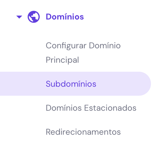 opção subdomínios no menu domínios do hpanel