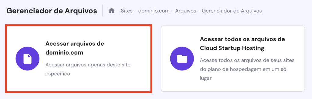 acessando arquivos de site específico no gerenciador de arquvios da hostinger