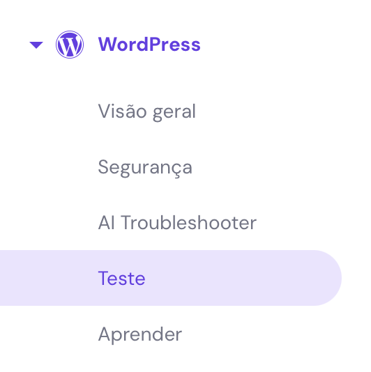 opção teste no menu wordpress do hpanel