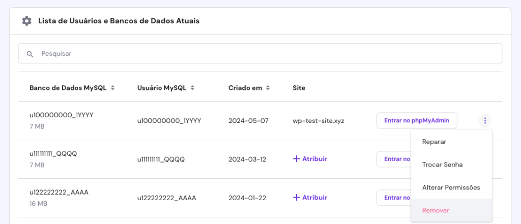 removendo banco de dados no hpanel