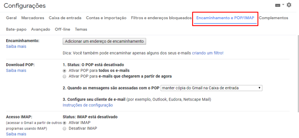 ativando imap no gmail