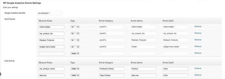 configurações de evento no plugin wp google analytics event