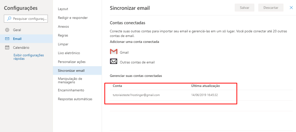 conta do gmail sincronizada no outlook