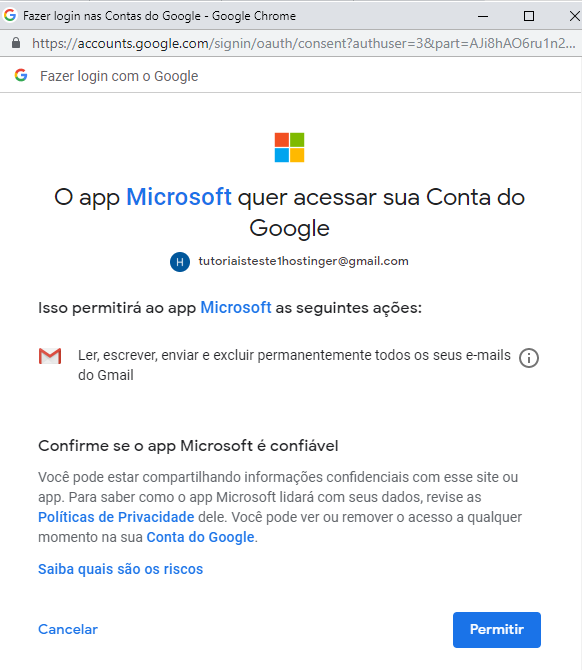 concedendo acesso ao outlook no gmail