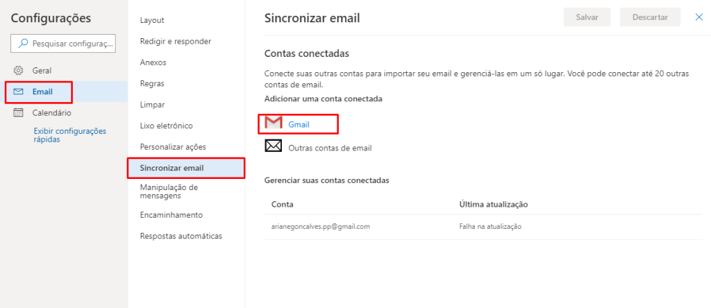 sincronizando gmail no outlook