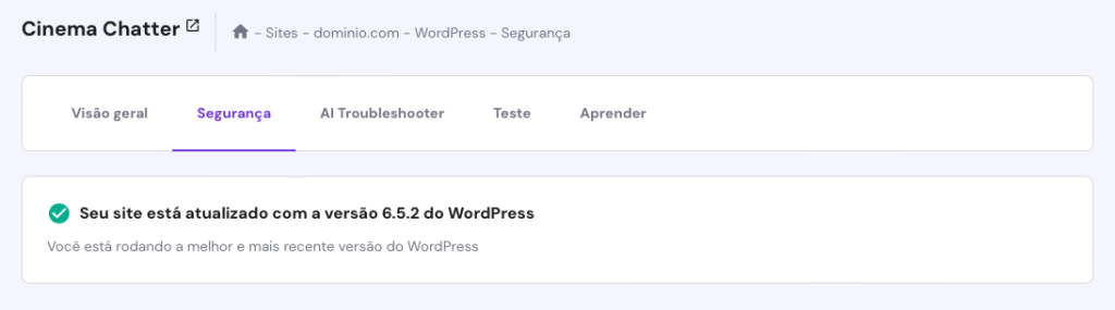 seção wordpress - segurança do hpanel exibindo a versão atual do wordpress