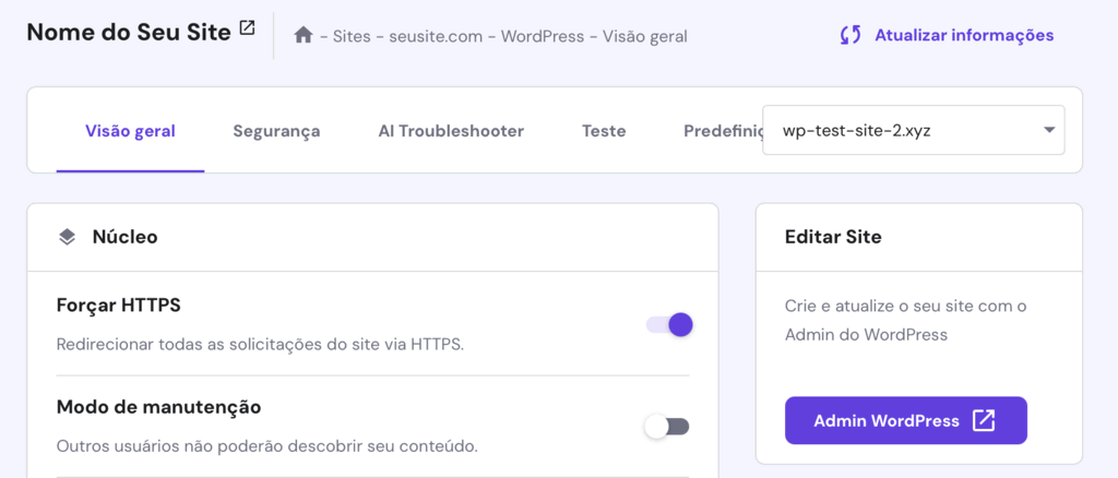 visão geral do site wordpress no hpanel com opções de forçar https e modo de manutenção