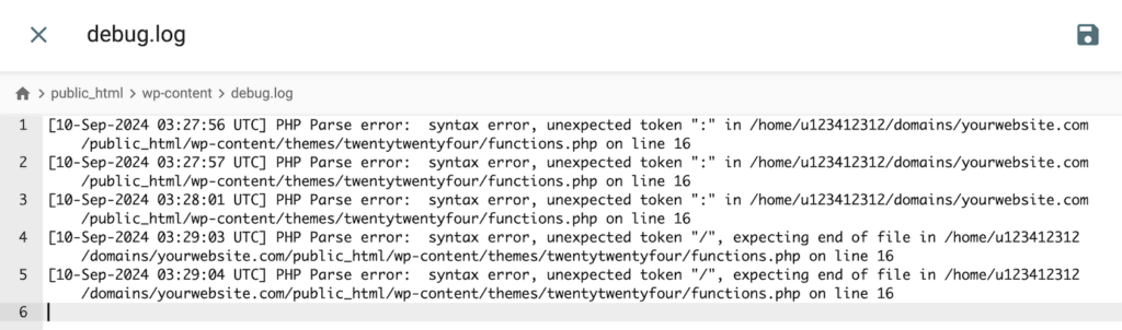 mensagens de erro do wordpress registradas no arquivo debug.log