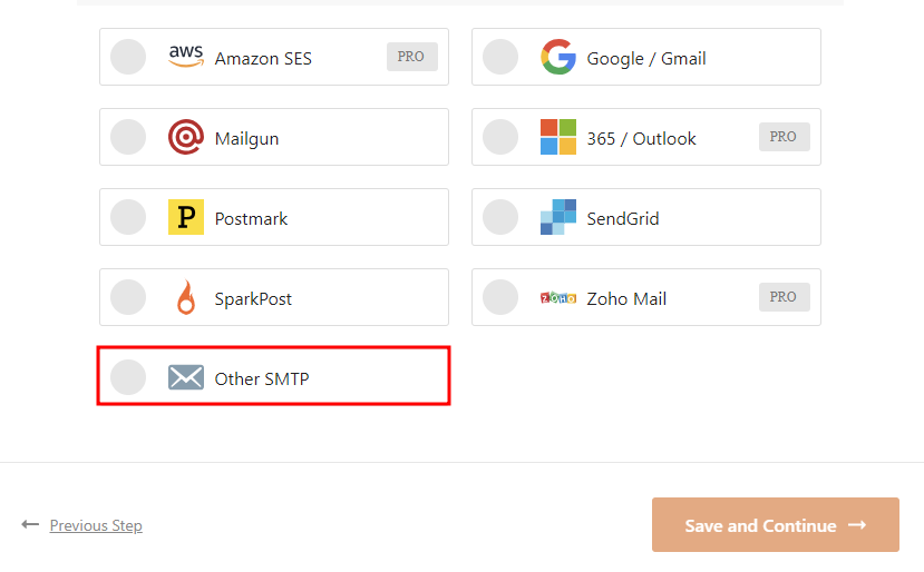 escolhendo "outro smtp" nas configurações do plugin wp mail smtp