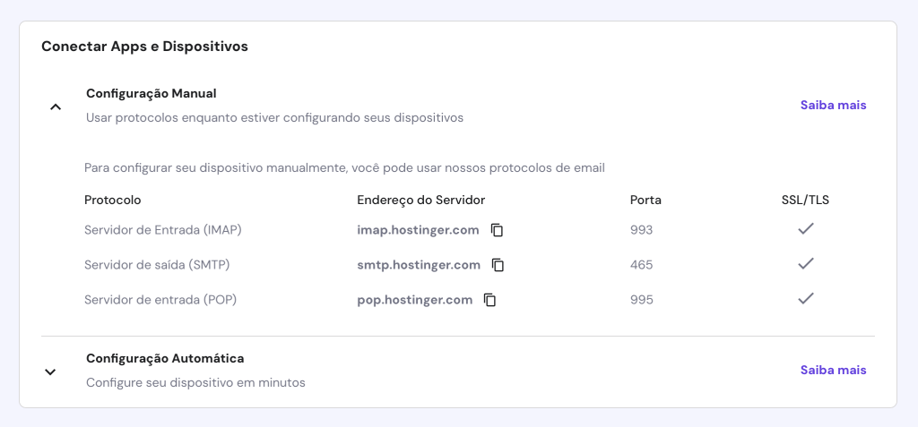 tela de conectar apps e dispositivos na área de email do hpanel