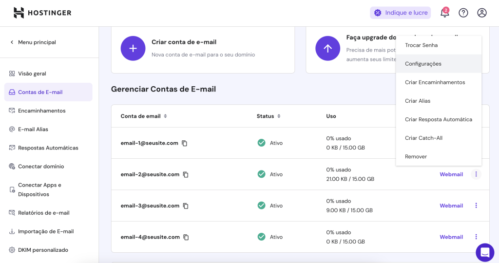 configurações de email no hpanel