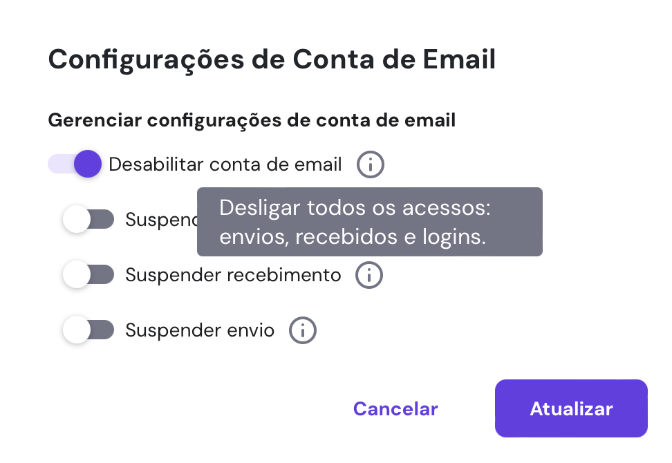 desativar email no hpanel