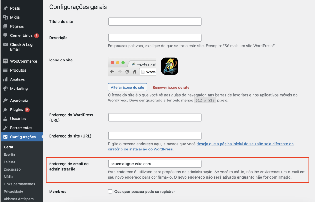 campo do endereço de email de administração nas configurações do wordpress
