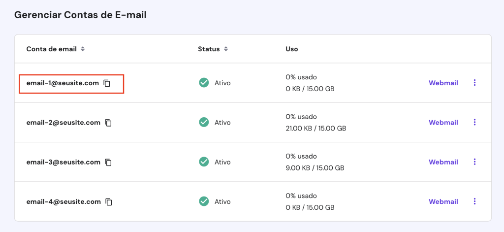 contas de email no hpanel com um endereço em destaque