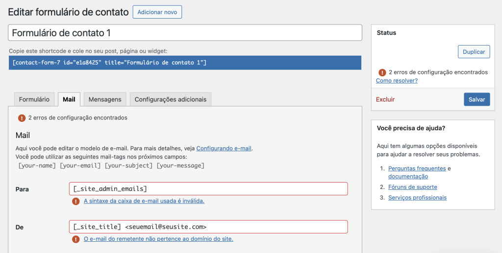 erros em configuração de formulário de contato no contact form 7