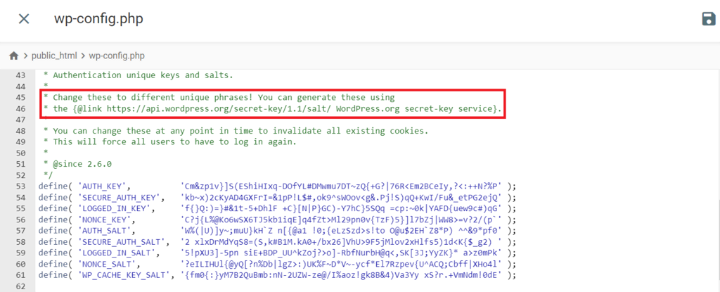 editando o arquivo wp-config.php com salts do wordpress