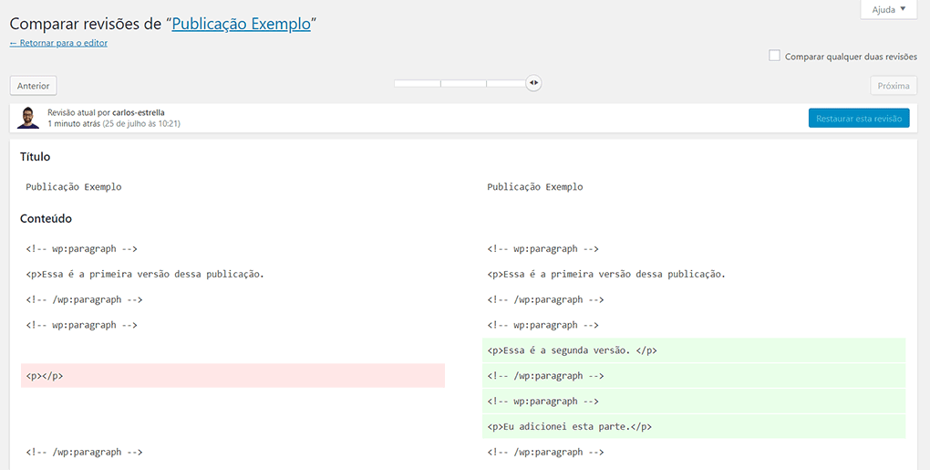 vendo diferente versões de revisões de post no wordpress