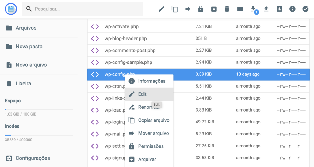 editando arquivo wp-config.php do wordpress no gerenciador de arquivos da hostinger