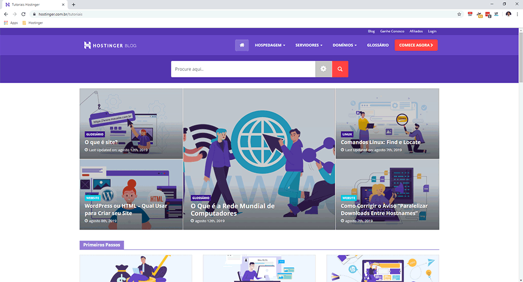 página inicial da área de tutoriais do site da hostinger