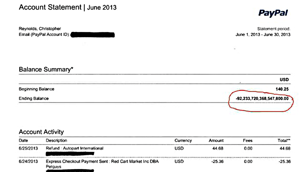 página de saldo do paypal exibindo valor de 92 quatrilhões de dólares