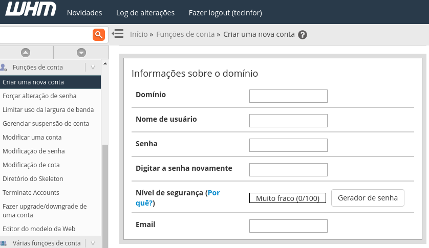 opção de criar nova conta de usuário no painel web host manager