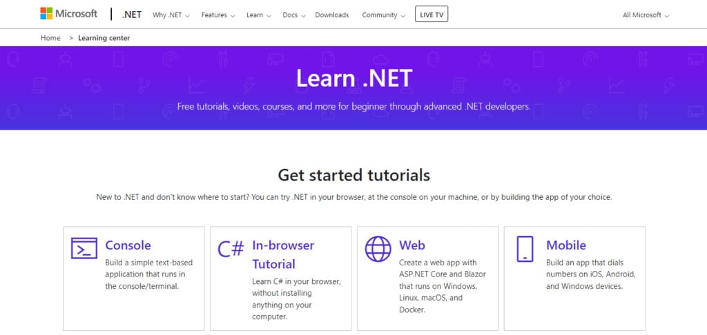 learn .net, página da microsoft