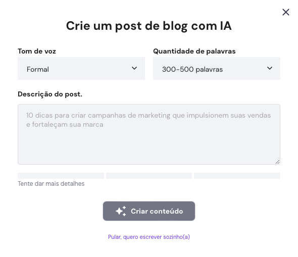 escritor IA: ferramenta de escrita de postagens e artigos para blog no criador de sites da Hostinger