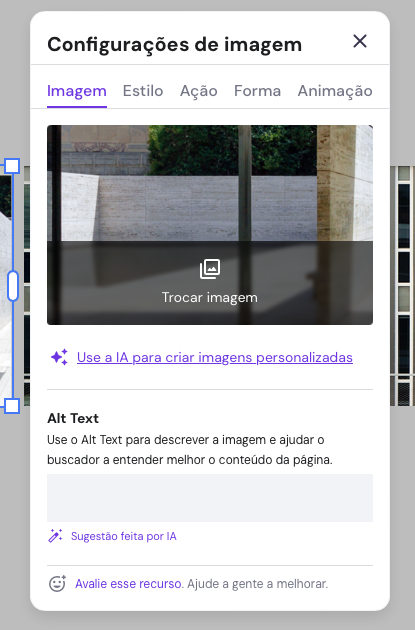 configurações de imagem no criador de sites da hostinger