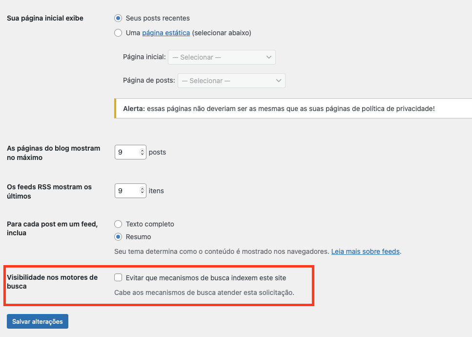 opção de visibilidade nos mecanismos de busca no wordpress