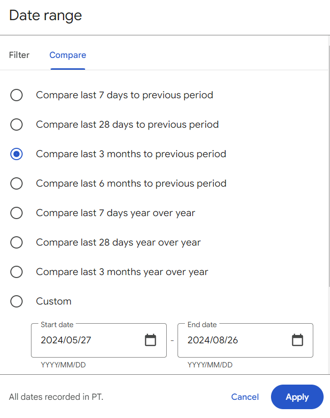 seleção de datas no google search console