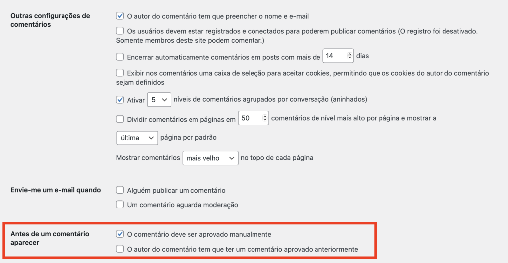 opção de apenas aprovar comentários manualmente no wordpress