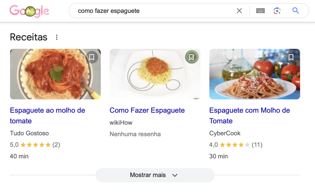 exemplo de dados estruturados no google com o resultado da pesquisa "como fazer espaguete"