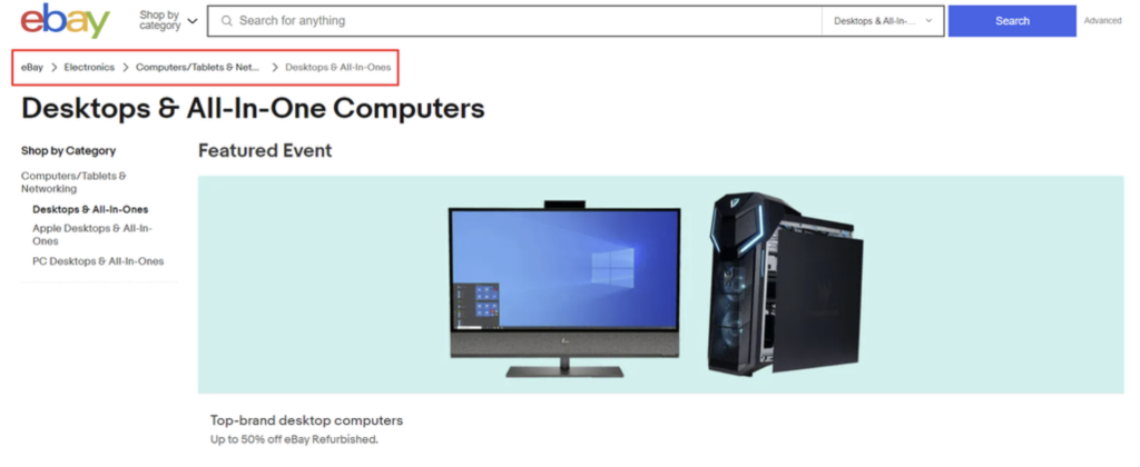 exemplo de site do eBay com navegação em breadcrumbs