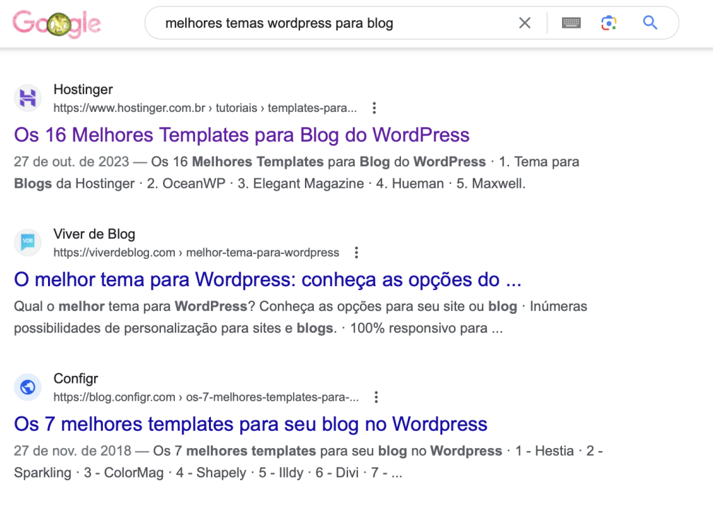 resultados do google para a pesquisa "melhores temas wordpress para blog" com listas