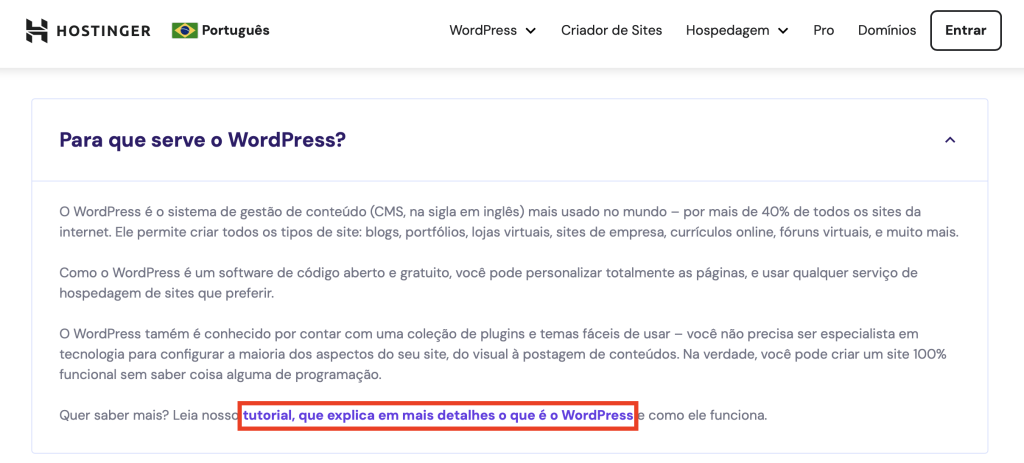 exemplo de link interno no site da hostinger