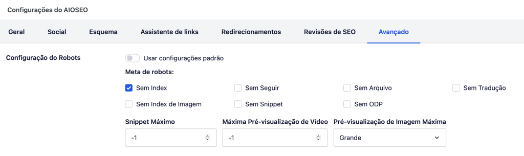 configurando post para noindex no aioseo