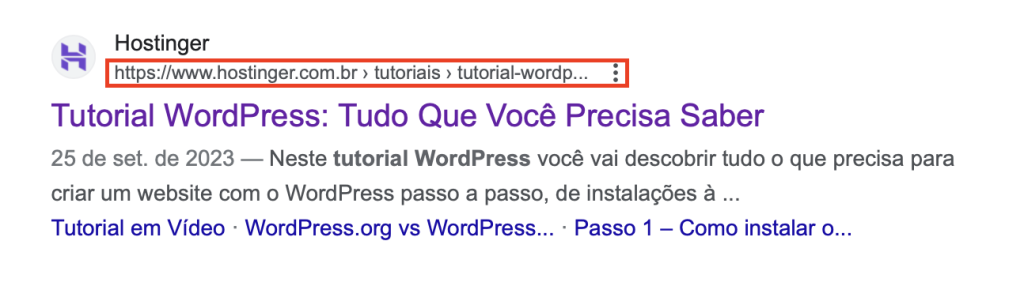 google exibindo permalink (link permanente) de tutorial wordpress da hostinger