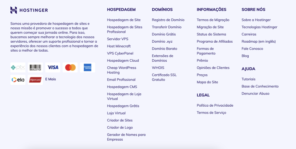 menu com links internos no rodapé do site da hostinger